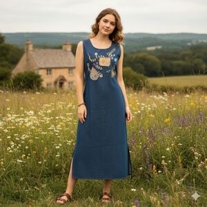 LG Vintage Dress Denim Floral Embroidered Jean  Sleeveless Maxi jumper Modest